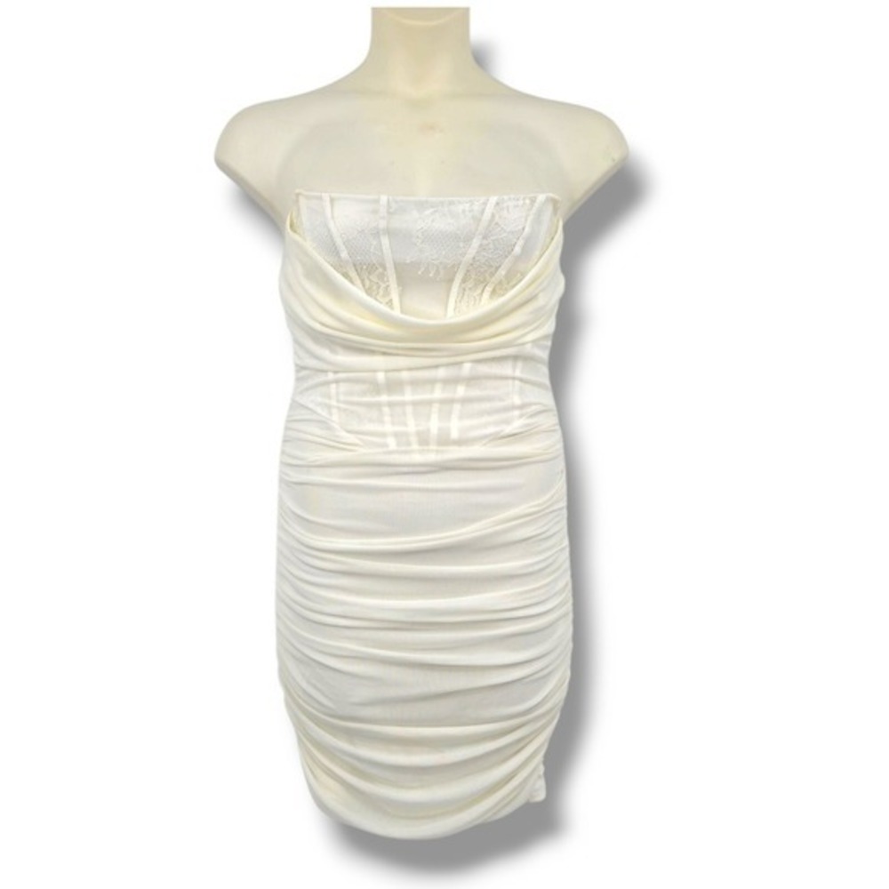 Mad For Love Strapless Mini Dress Ruched Bodycon‎ Lace Corset White M